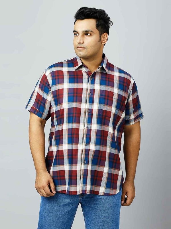 Plus Size Checkered Half Sleeve Men's Maroon Shirt
