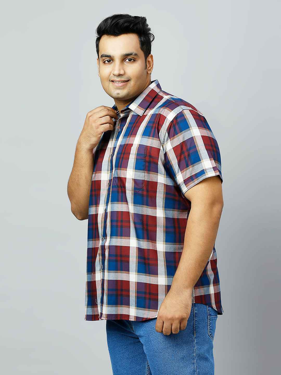 Plus Size Checkered Half Sleeve Men's Maroon Shirt