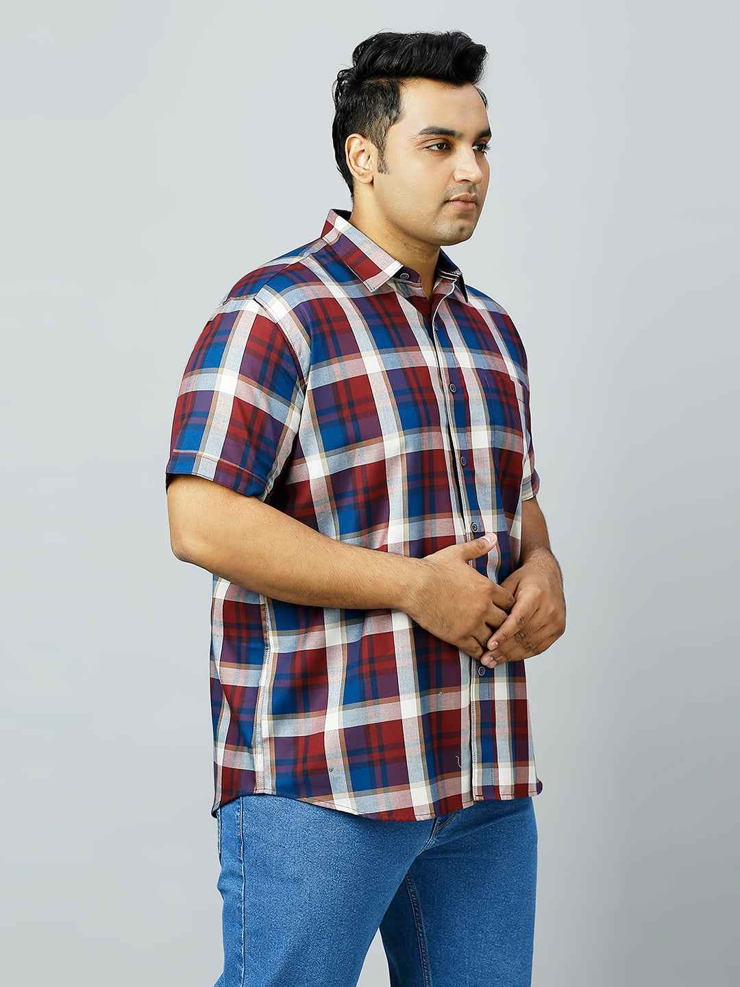 Plus Size Checkered Half Sleeve Men's Maroon Shirt