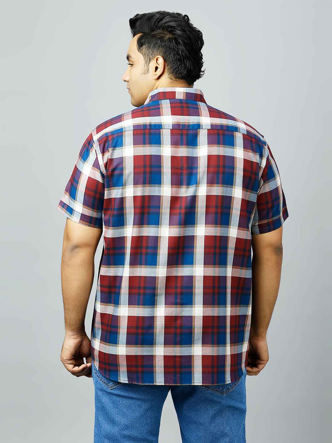 Plus Size Checkered Half Sleeve Men's Maroon Shirt