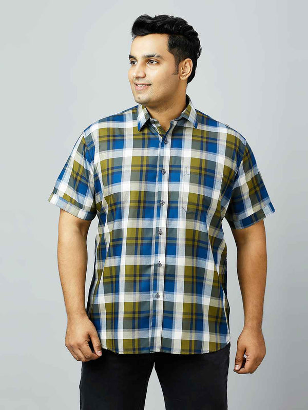 Plus Size Checkered Half Sleeve Men's Mehndi Shirt