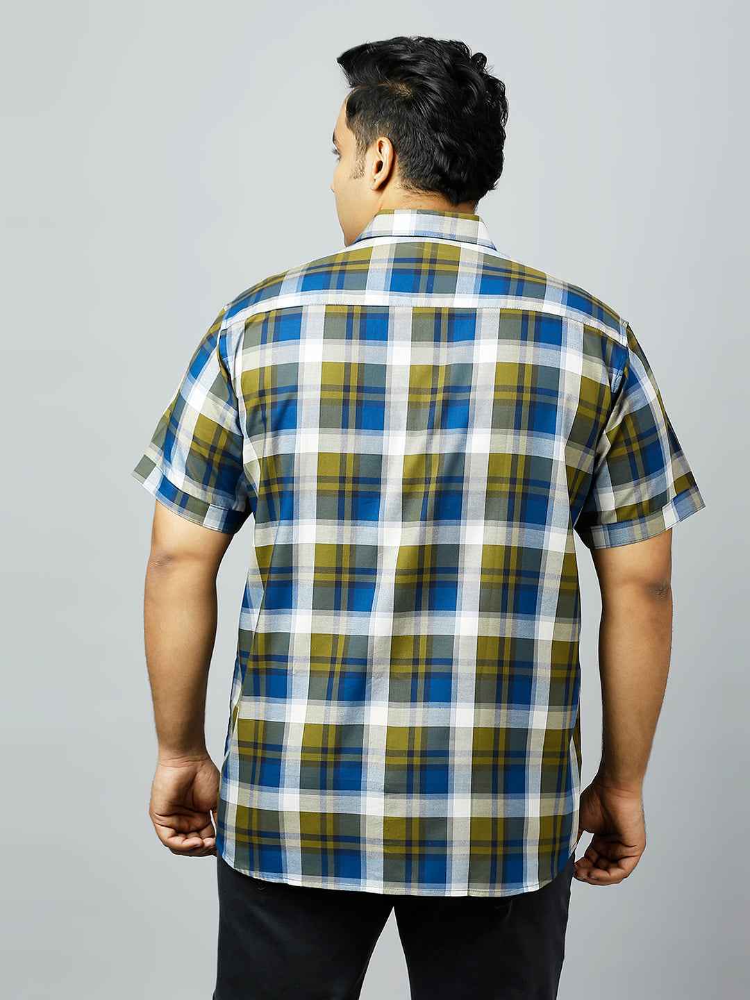 Plus Size Checkered Half Sleeve Men's Mehndi Shirt