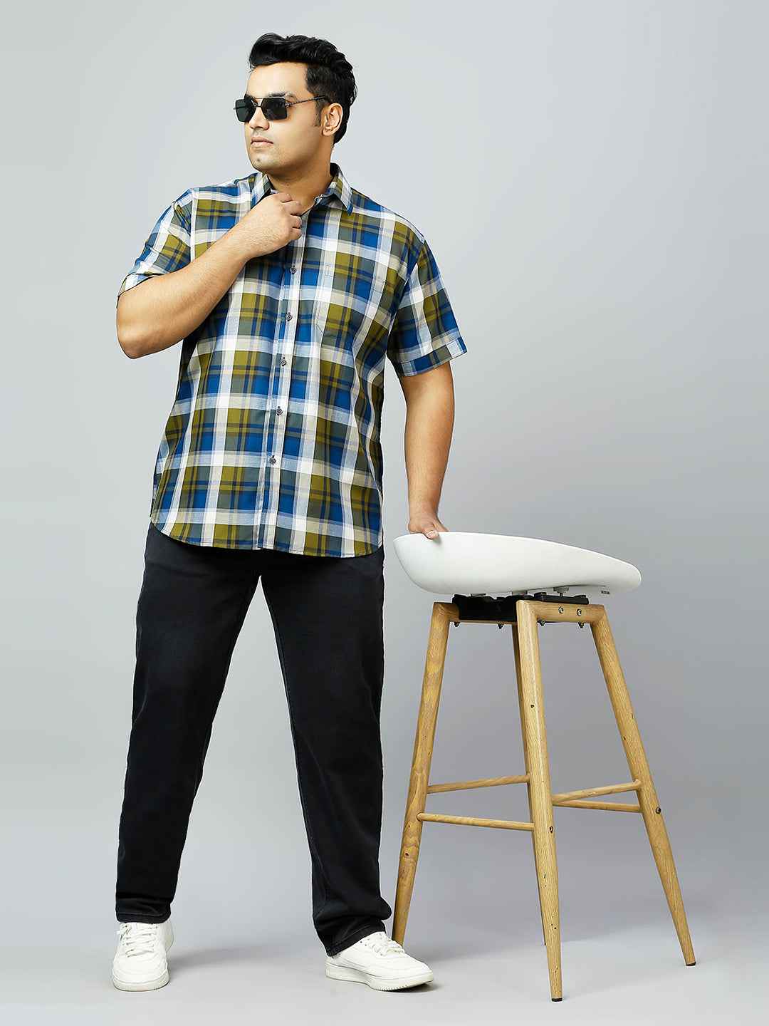 Plus Size Checkered Half Sleeve Men's Mehndi Shirt