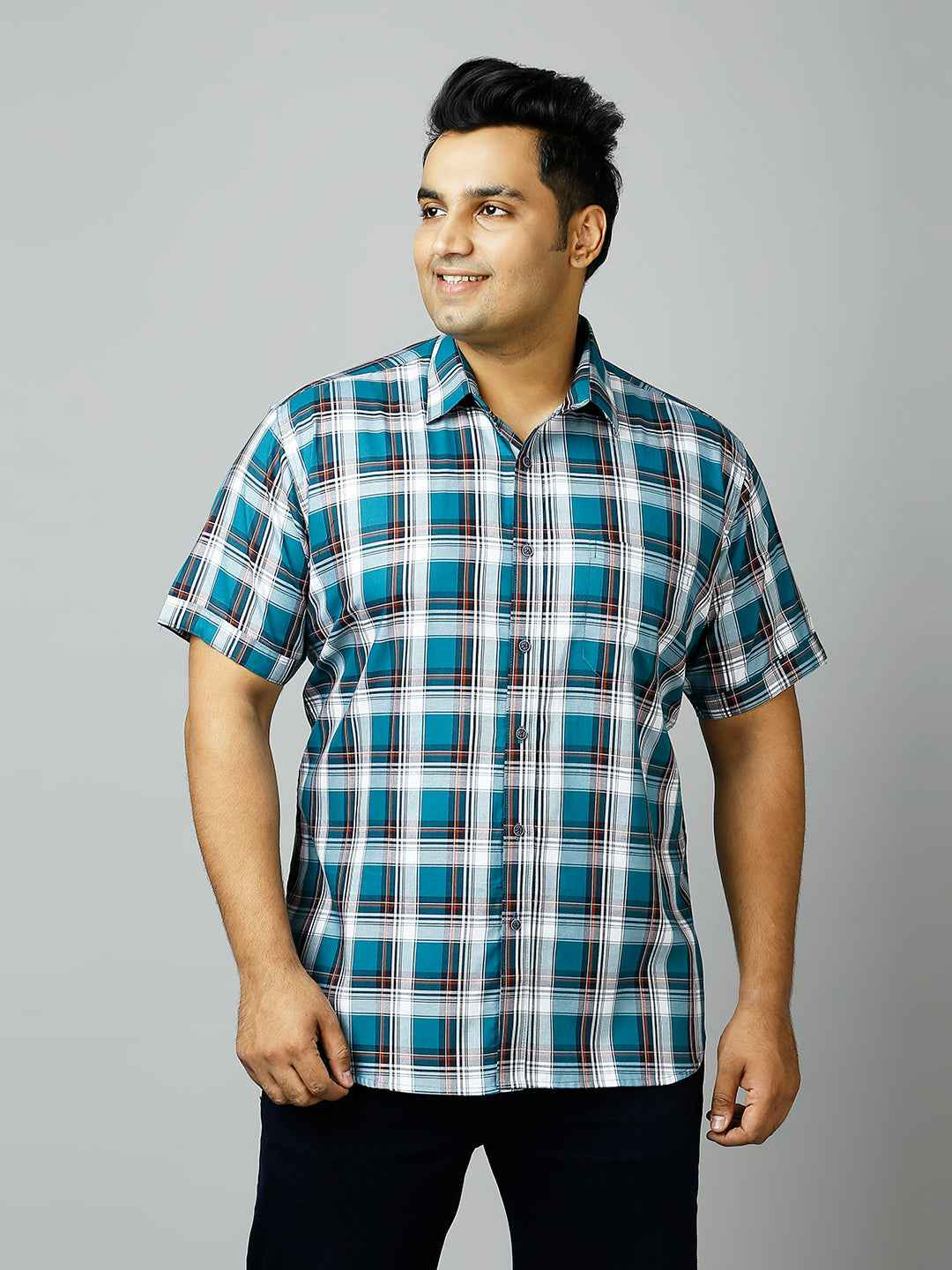Plus Size Checkered Half Sleeve Men's Teal Shirt