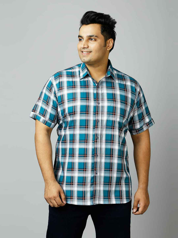 Plus Size Checkered Half Sleeve Men's Teal Shirt