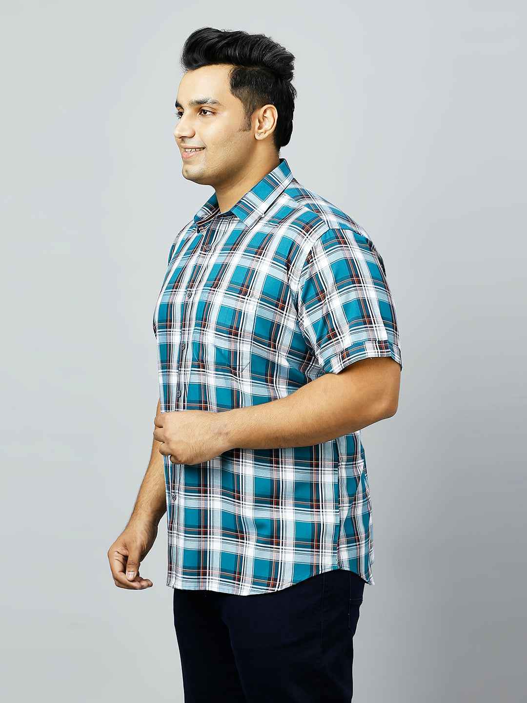 Plus Size Checkered Half Sleeve Men's Teal Shirt
