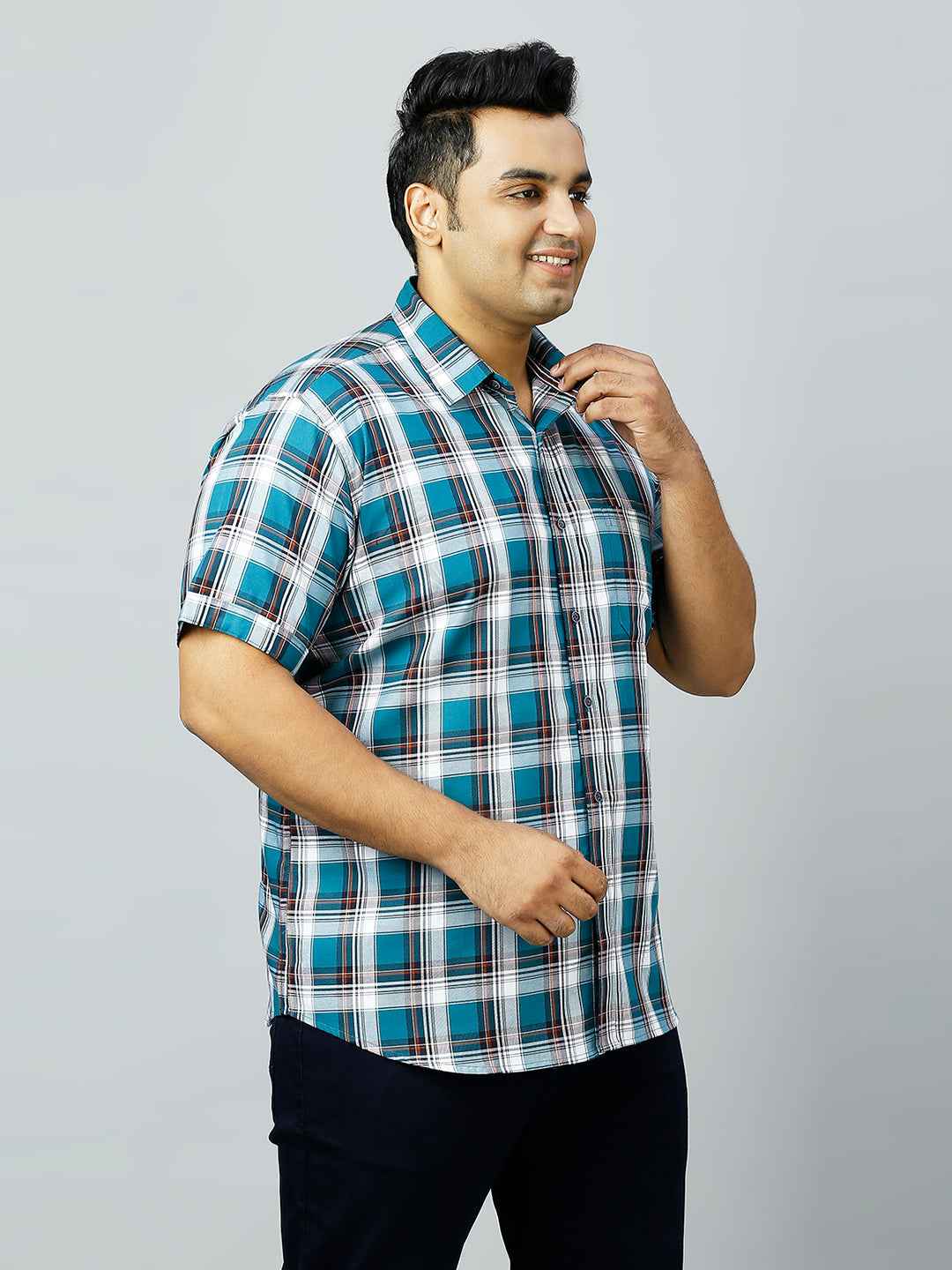 Plus Size Checkered Half Sleeve Men's Teal Shirt