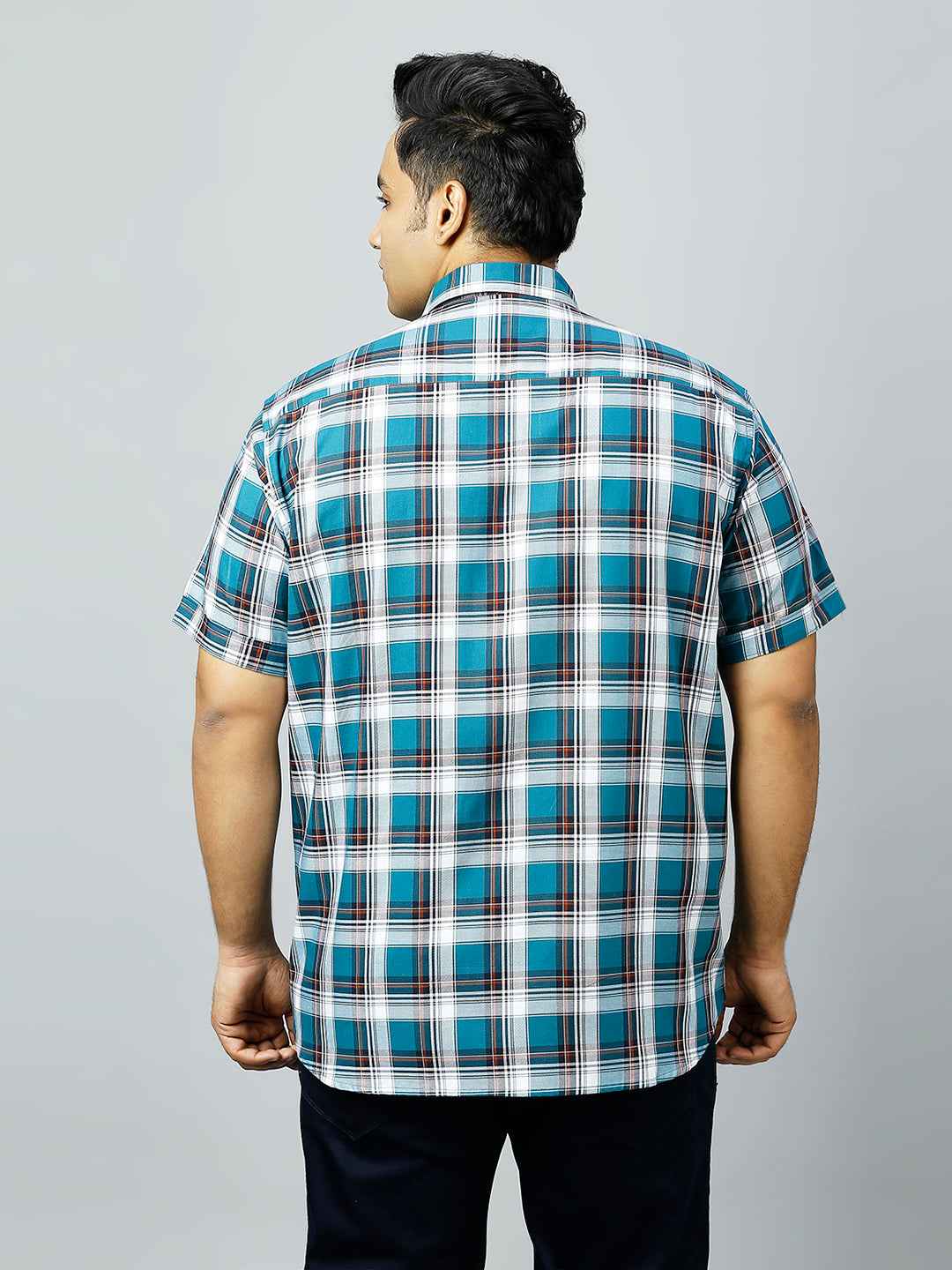 Plus Size Checkered Half Sleeve Men's Teal Shirt
