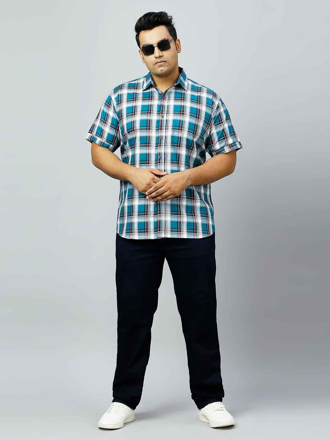 Plus Size Checkered Half Sleeve Men's Teal Shirt