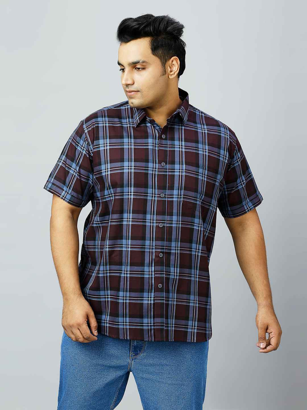 Plus Size Checkered Half Sleeve Men's Wine Shirt