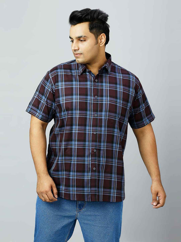 Plus Size Checkered Half Sleeve Men's Wine Shirt