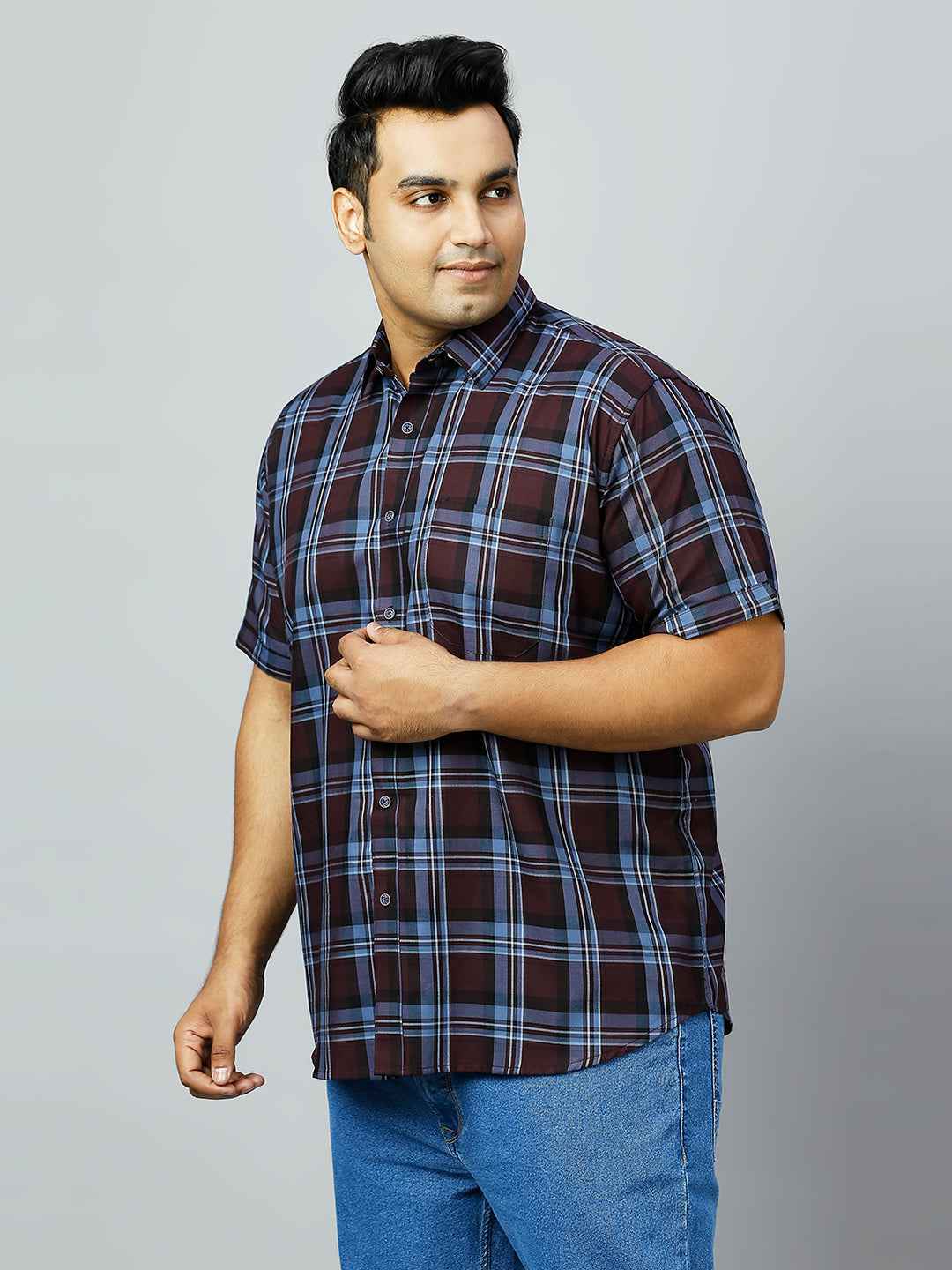 Plus Size Checkered Half Sleeve Men's Wine Shirt