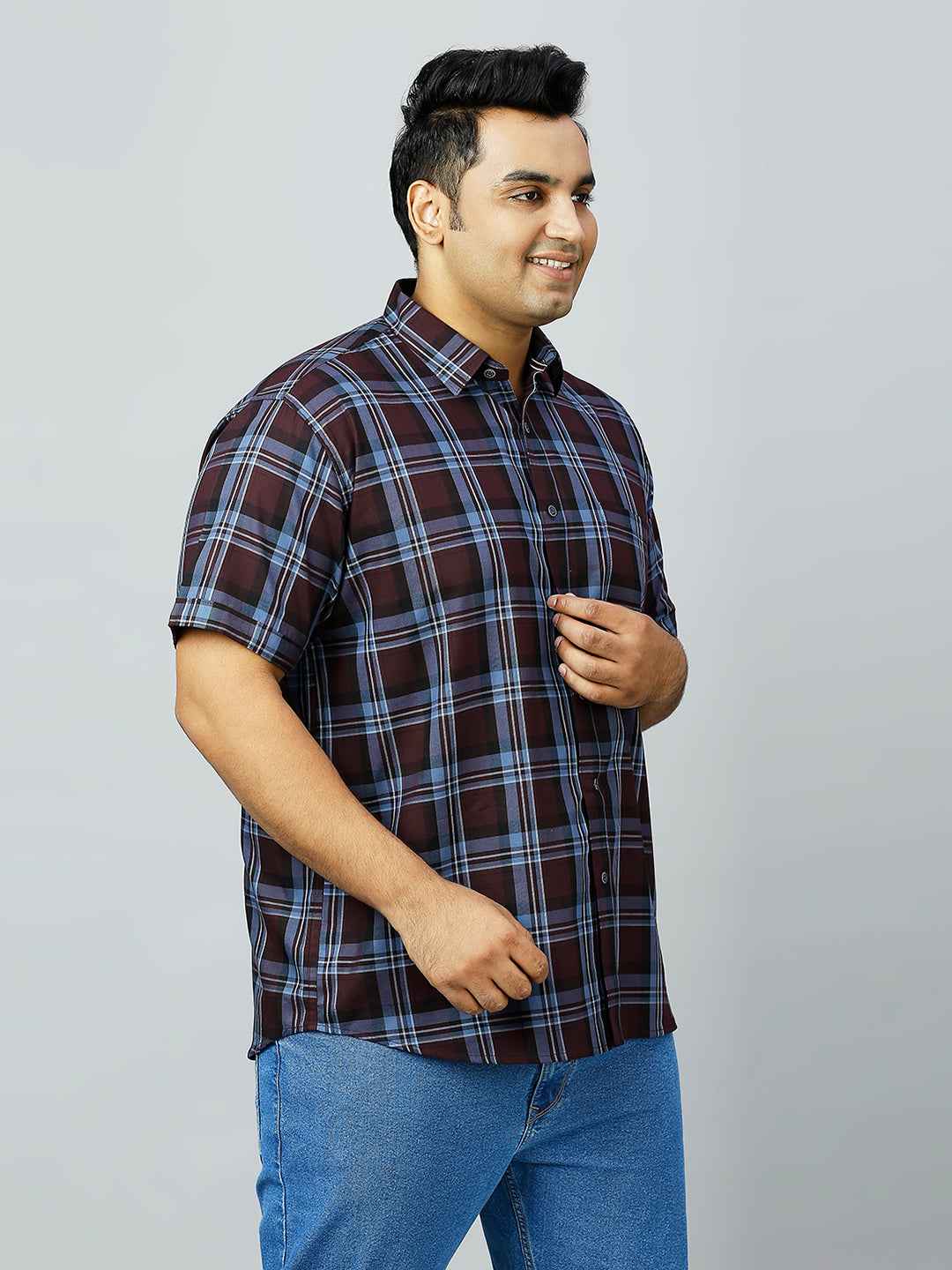 Plus Size Checkered Half Sleeve Men's Wine Shirt