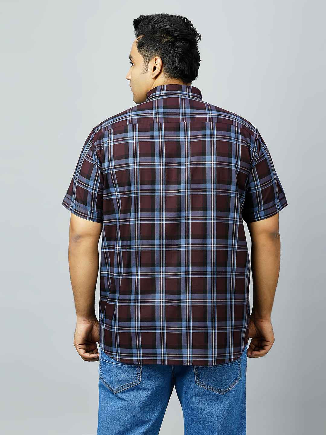 Plus Size Checkered Half Sleeve Men's Wine Shirt