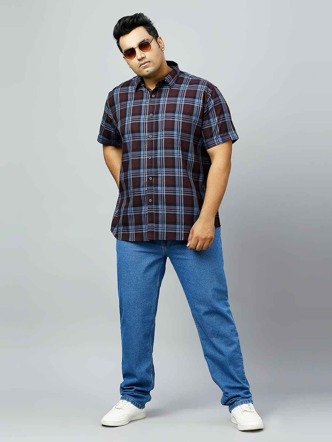 Plus Size Checkered Half Sleeve Men's Wine Shirt