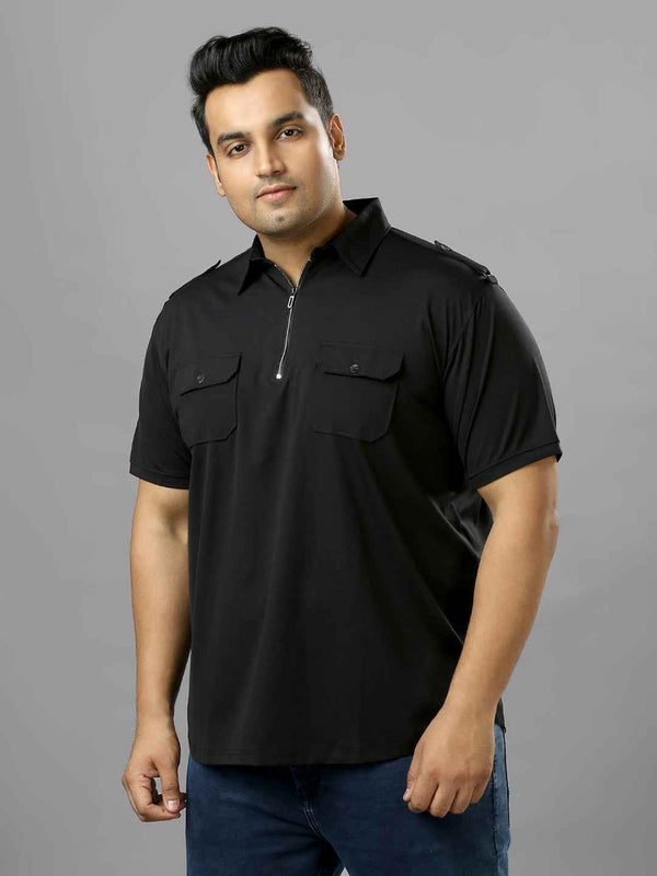 Men's Plus Size Neck Zip Two Pockets Poly Cotton Black T-shirt