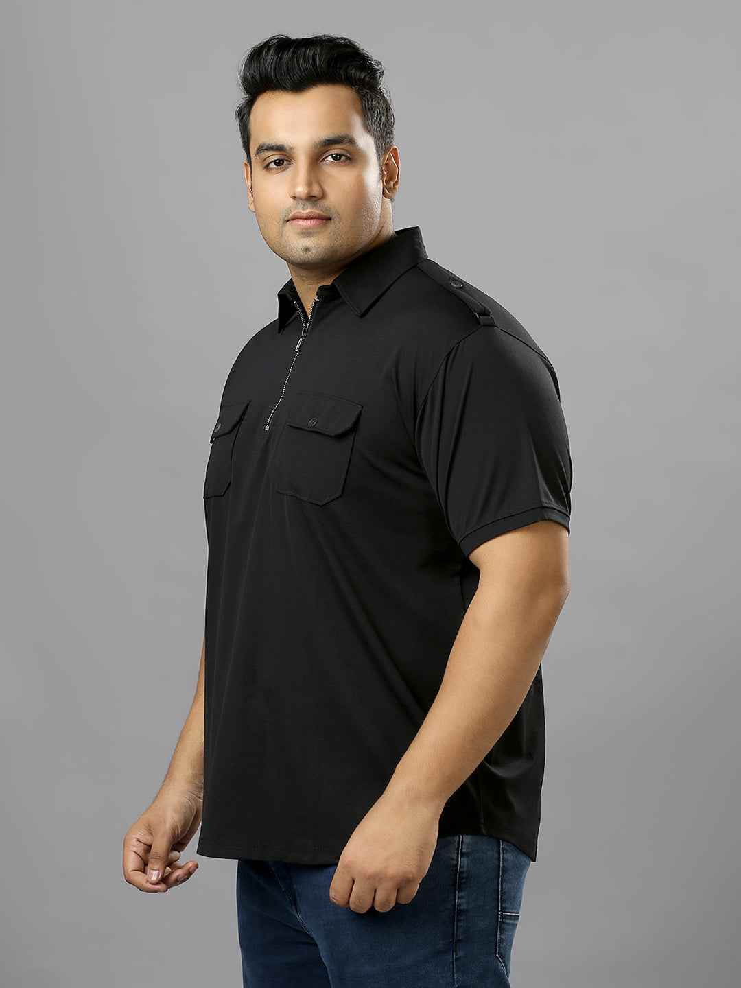 Men's Plus Size Neck Zip Two Pockets Poly Cotton Black T-shirt