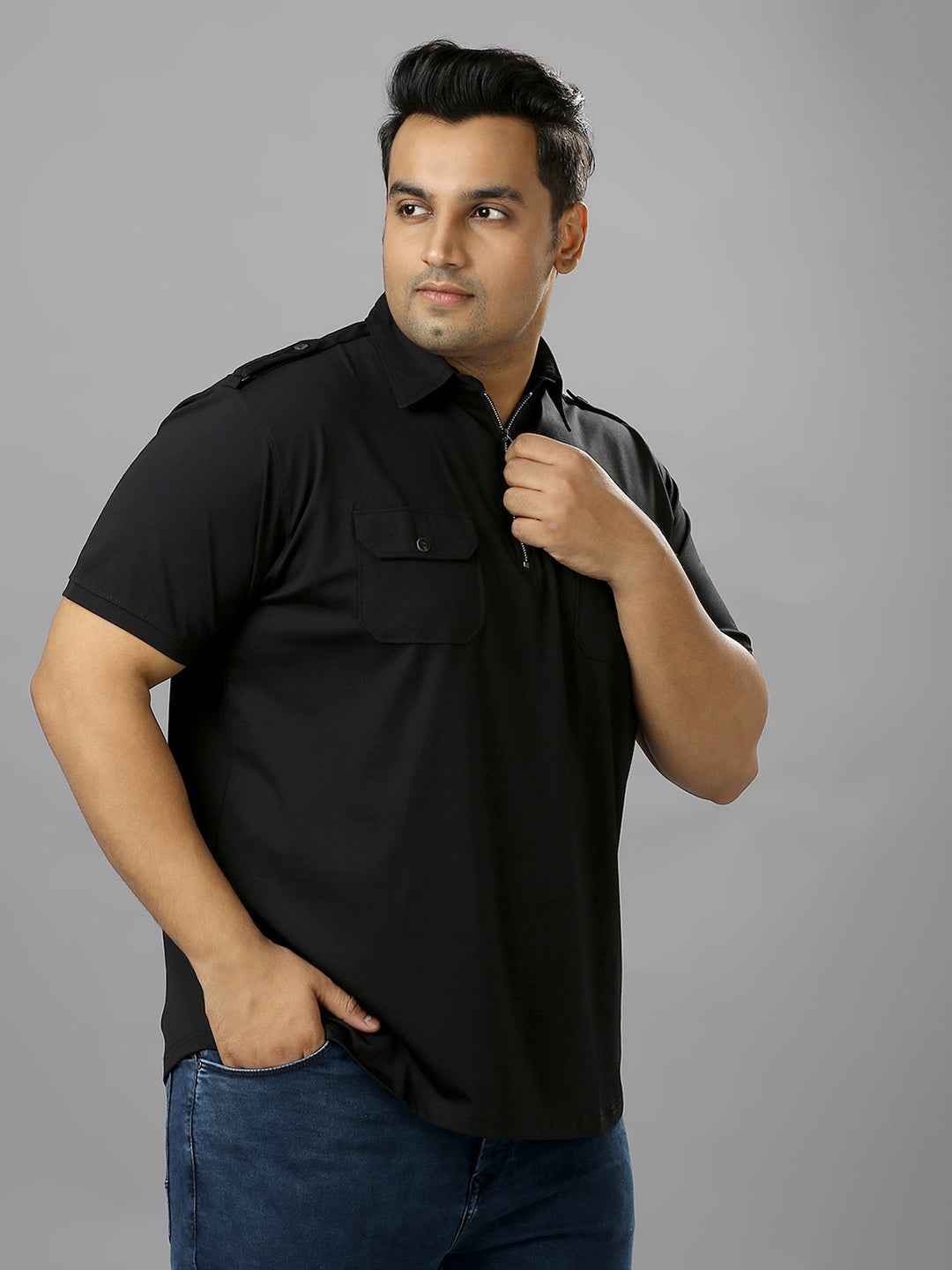Men's Plus Size Neck Zip Two Pockets Poly Cotton Black T-shirt
