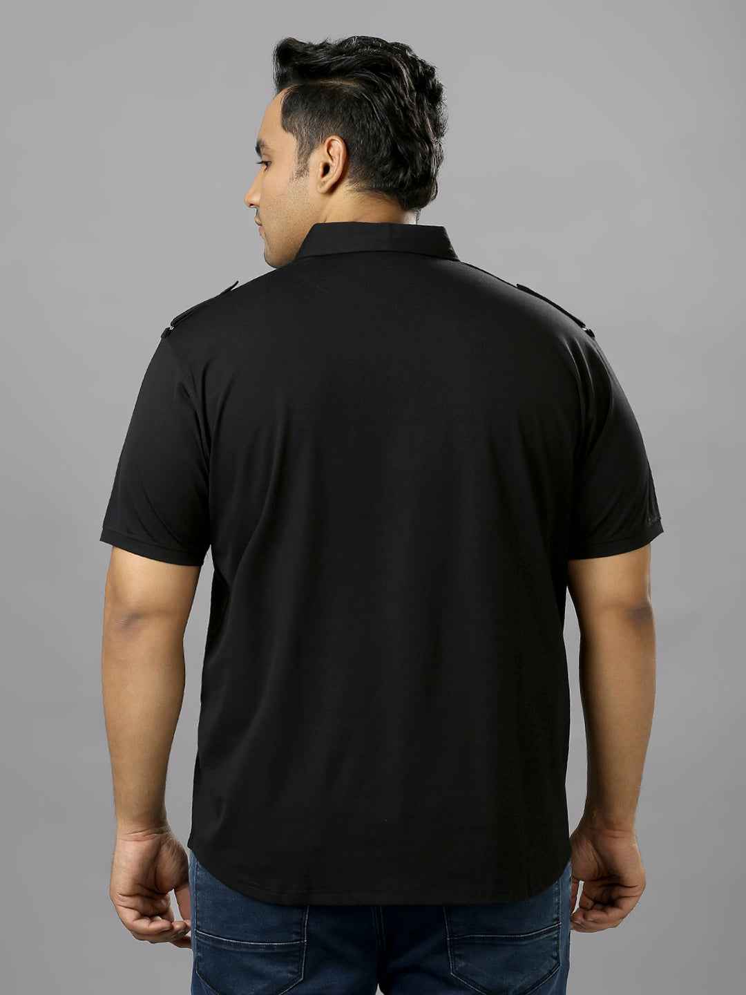 Men's Plus Size Neck Zip Two Pockets Poly Cotton Black T-shirt