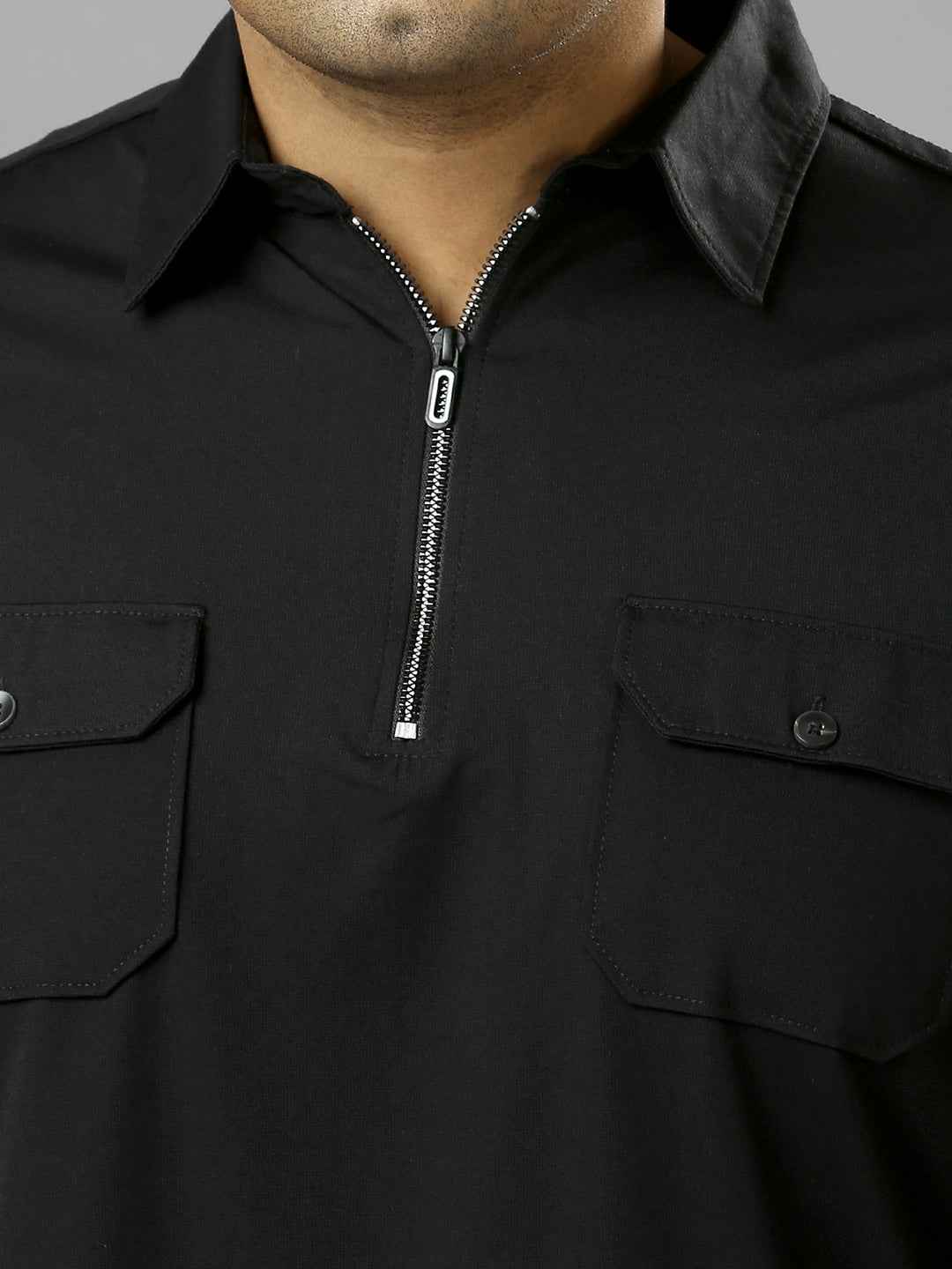 Men's Plus Size Neck Zip Two Pockets Poly Cotton Black T-shirt