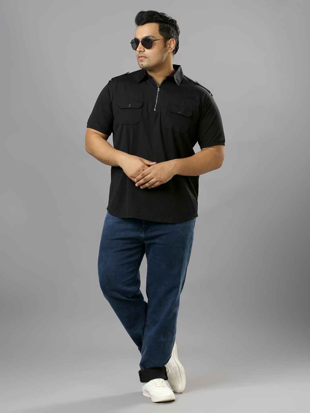 Men's Plus Size Neck Zip Two Pockets Poly Cotton Black T-shirt