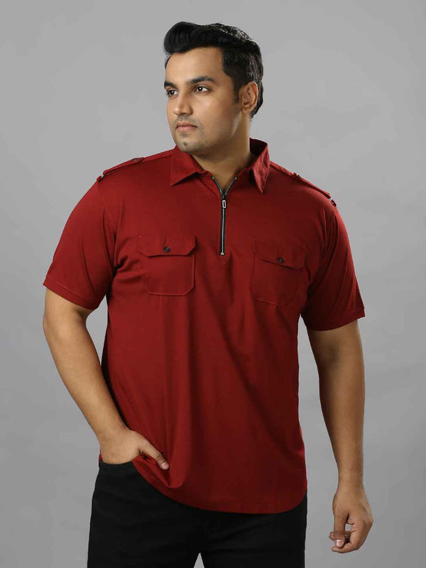 Men's Plus Size Neck Zip Two Pockets Poly Cotton Maroon T-shirt