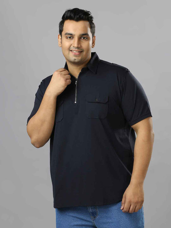 Men's Plus Size Neck Zip Two Pockets Poly Cotton Navy T-shirt