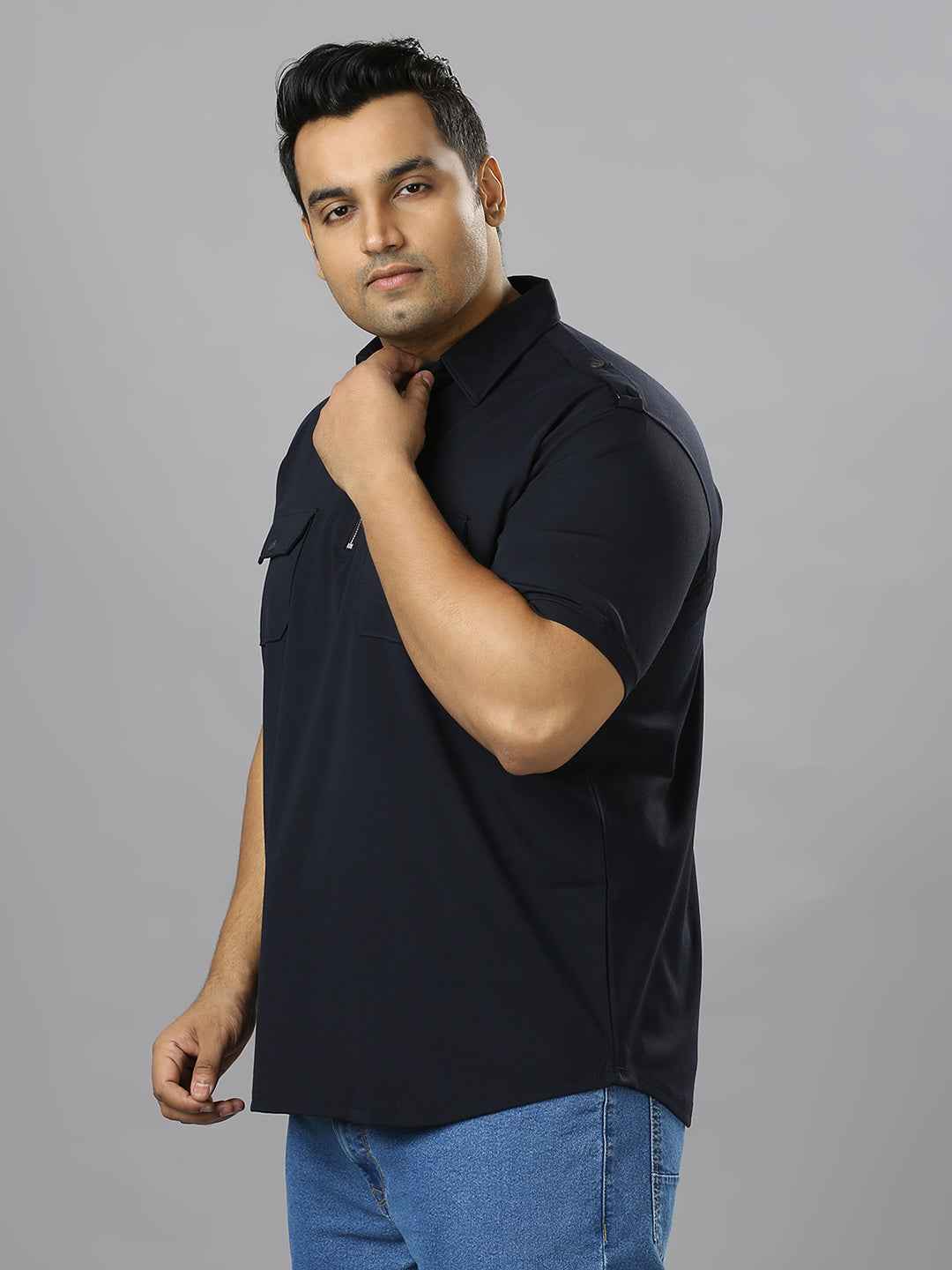 Men's Plus Size Neck Zip Two Pockets Poly Cotton Navy T-shirt