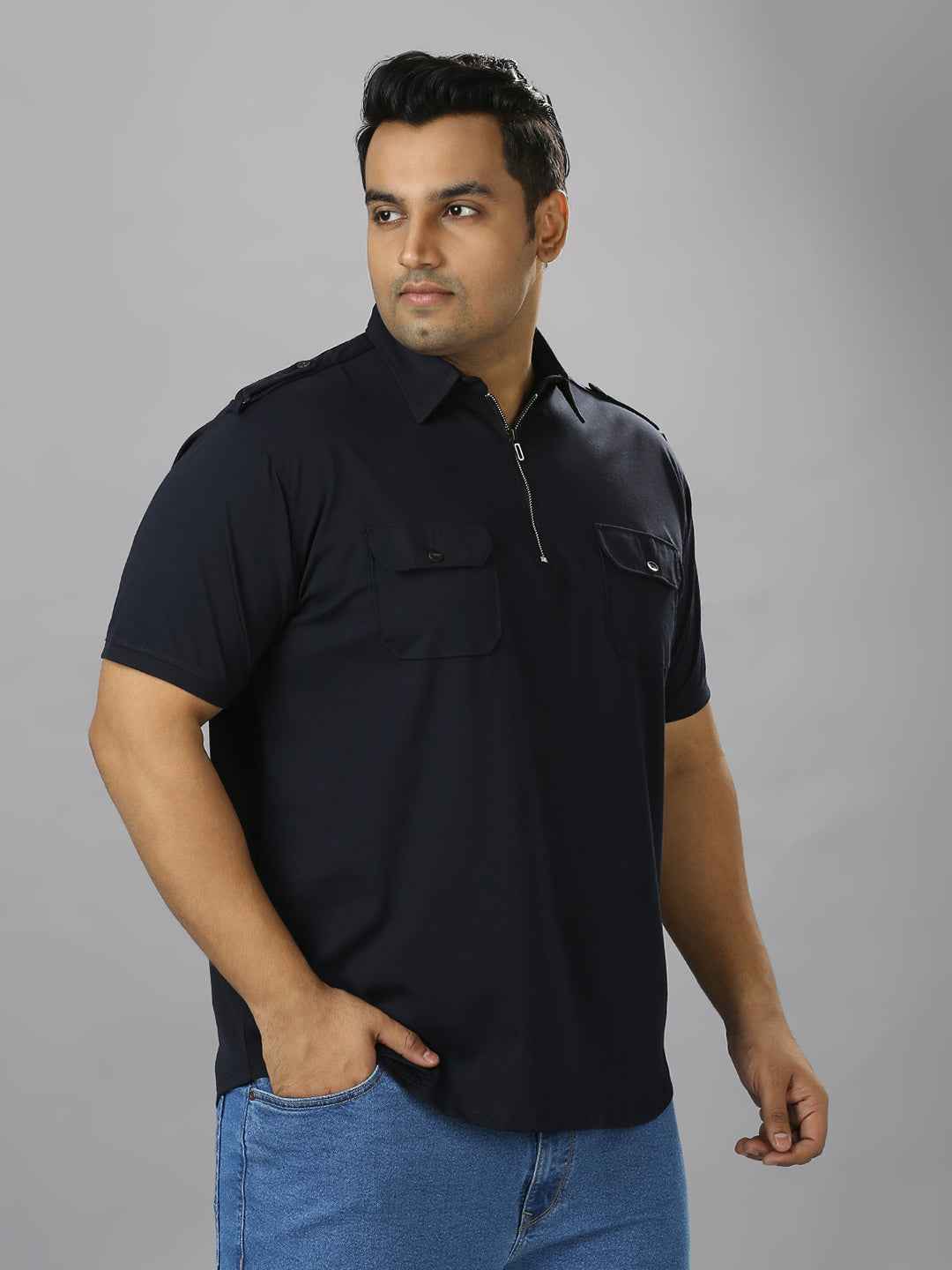 Men's Plus Size Neck Zip Two Pockets Poly Cotton Navy T-shirt