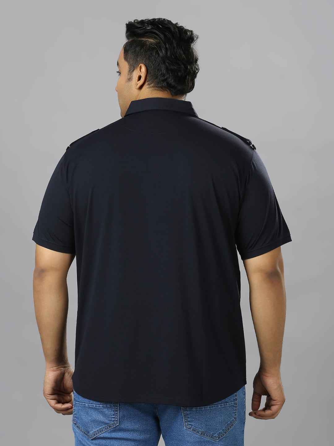 Men's Plus Size Neck Zip Two Pockets Poly Cotton Navy T-shirt