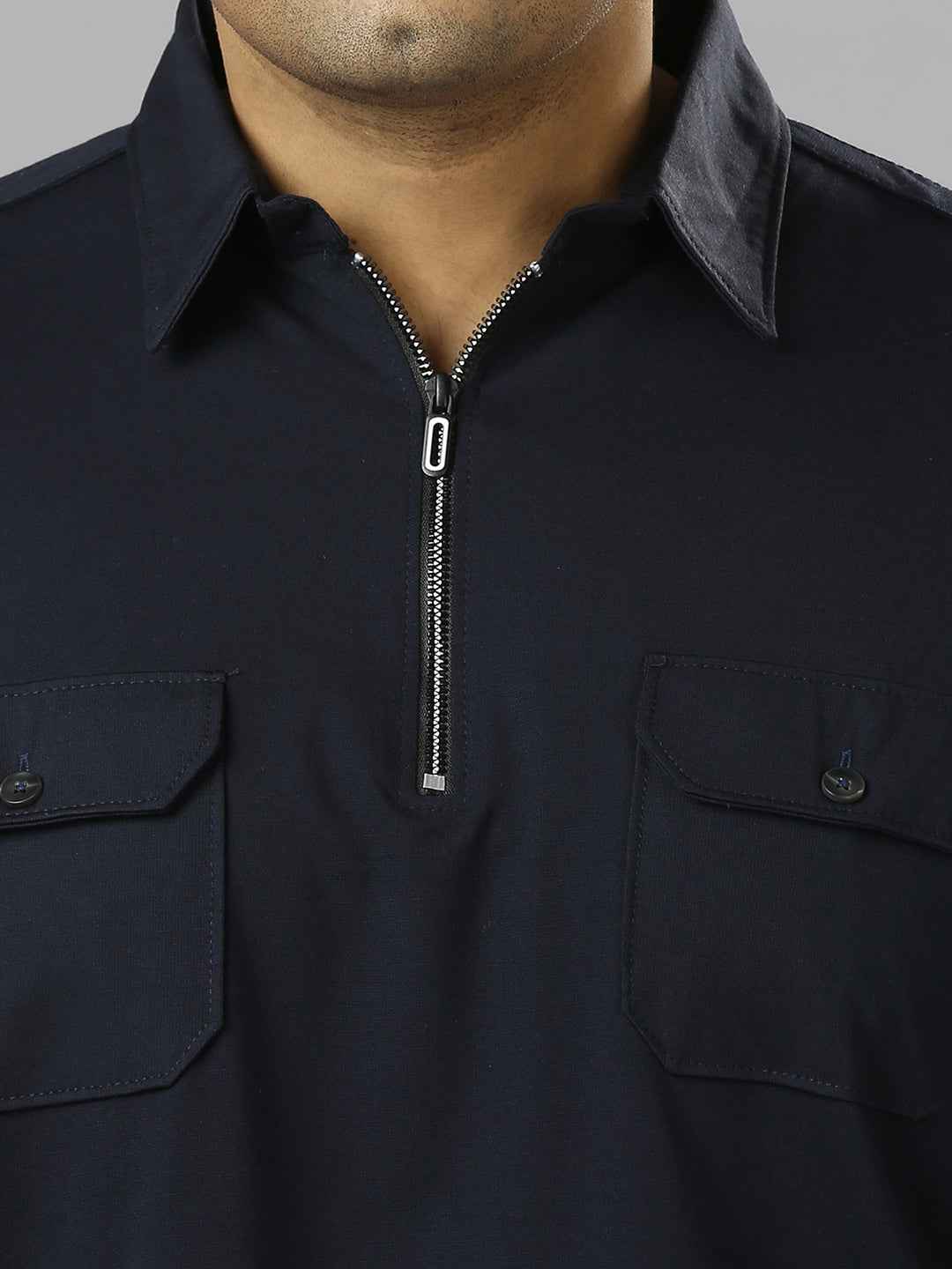 Men's Plus Size Neck Zip Two Pockets Poly Cotton Navy T-shirt