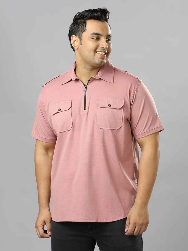 Men's Plus Size Neck Zip Two Pockets Poly Cotton Pink T-shirt