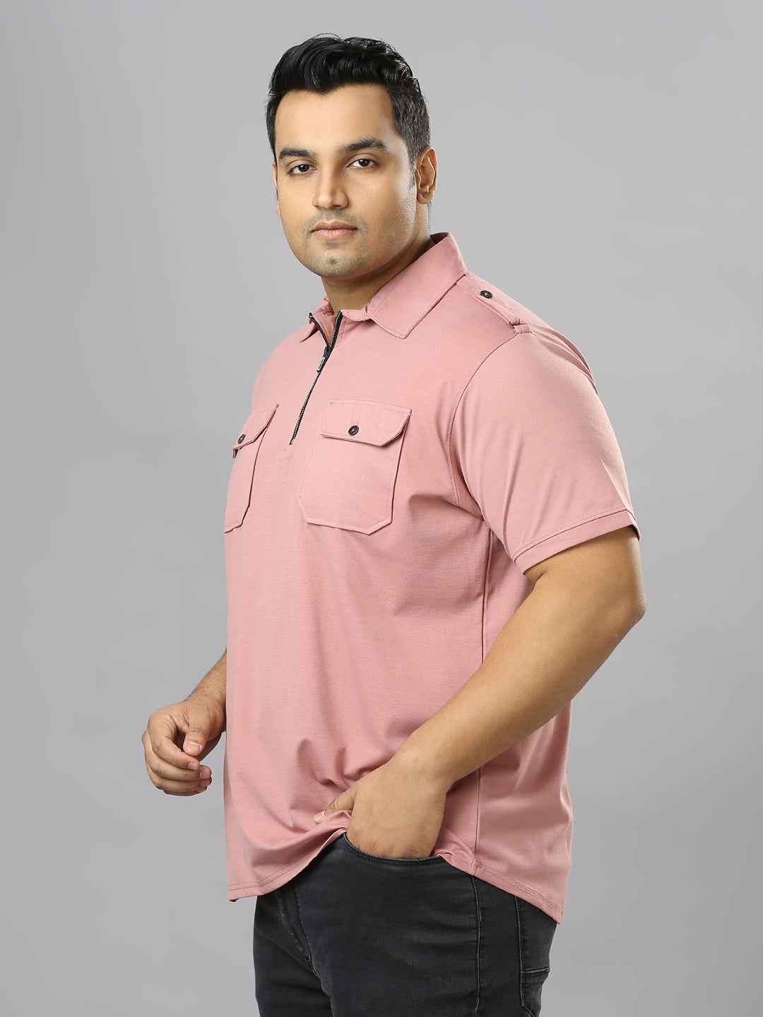 Men's Plus Size Neck Zip Two Pockets Poly Cotton Pink T-shirt