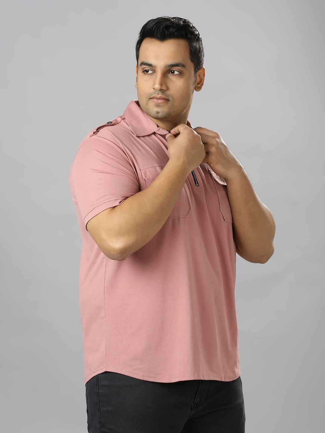 Men's Plus Size Neck Zip Two Pockets Poly Cotton Pink T-shirt
