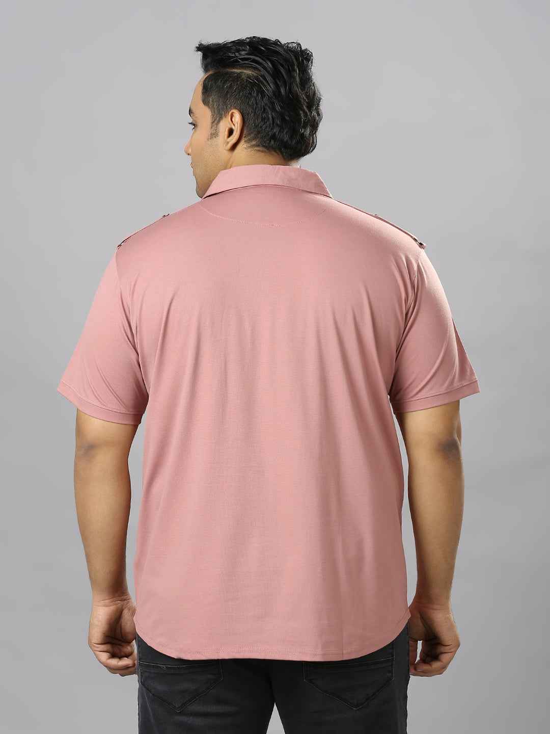 Men's Plus Size Neck Zip Two Pockets Poly Cotton Pink T-shirt