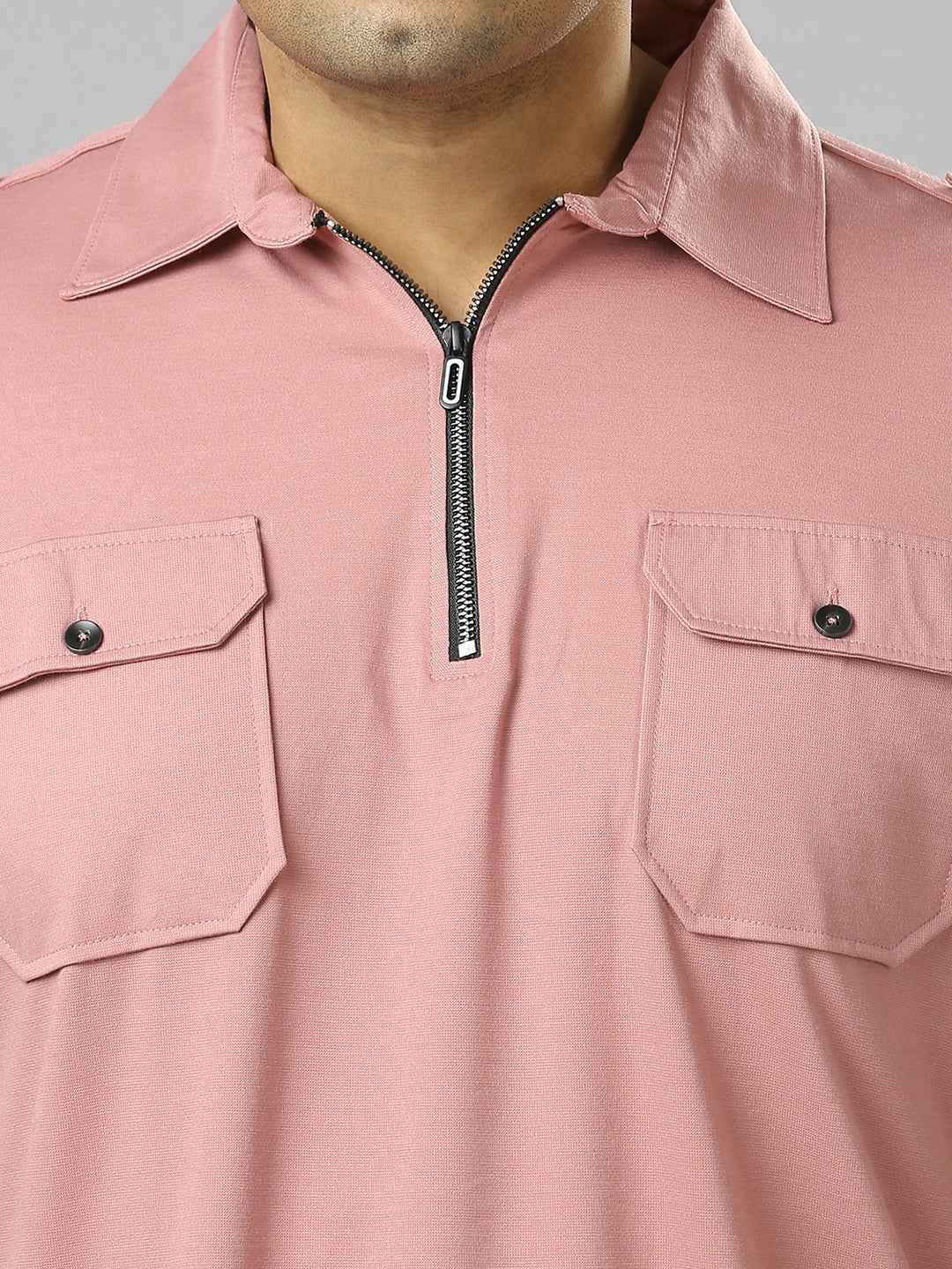 Men's Plus Size Neck Zip Two Pockets Poly Cotton Pink T-shirt