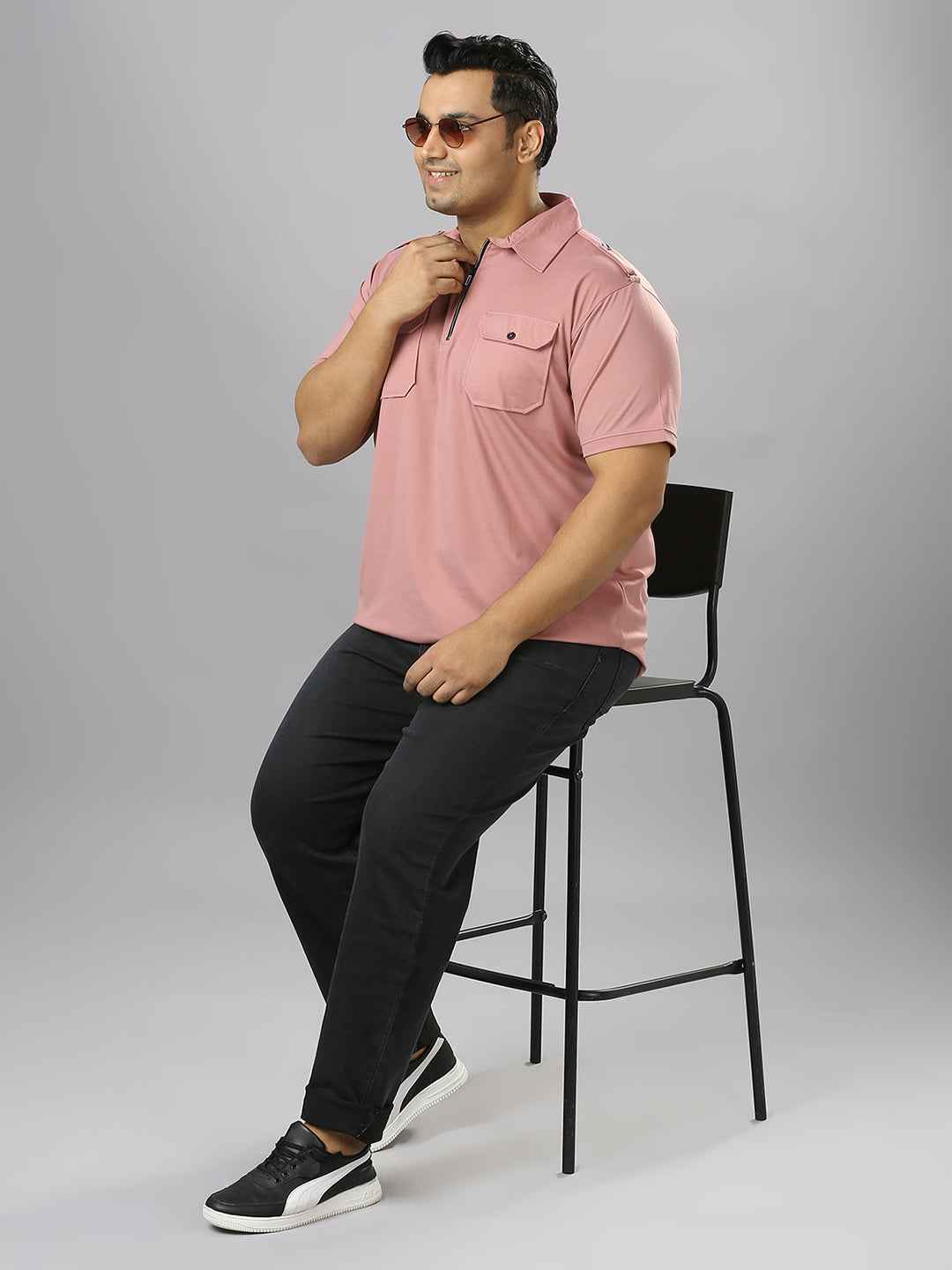 Men's Plus Size Neck Zip Two Pockets Poly Cotton Pink T-shirt