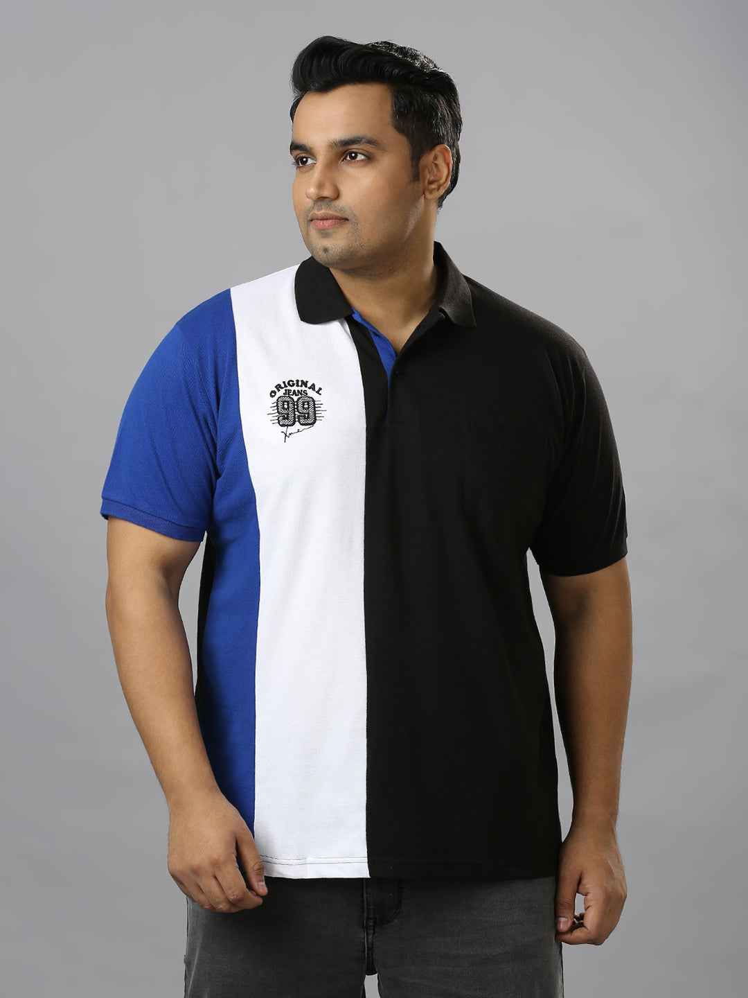 Men's Plus Size Cut & Sew Black and White T-shirt with Patch