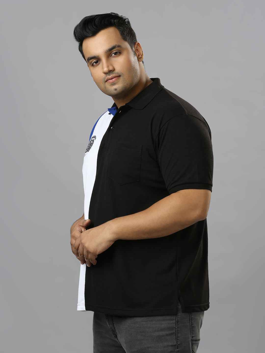 Men's Plus Size Cut & Sew Black and White T-shirt with Patch