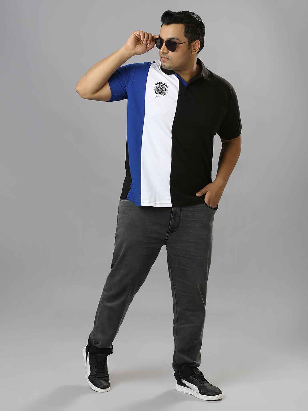 Men's Plus Size Cut & Sew Black and White T-shirt with Patch