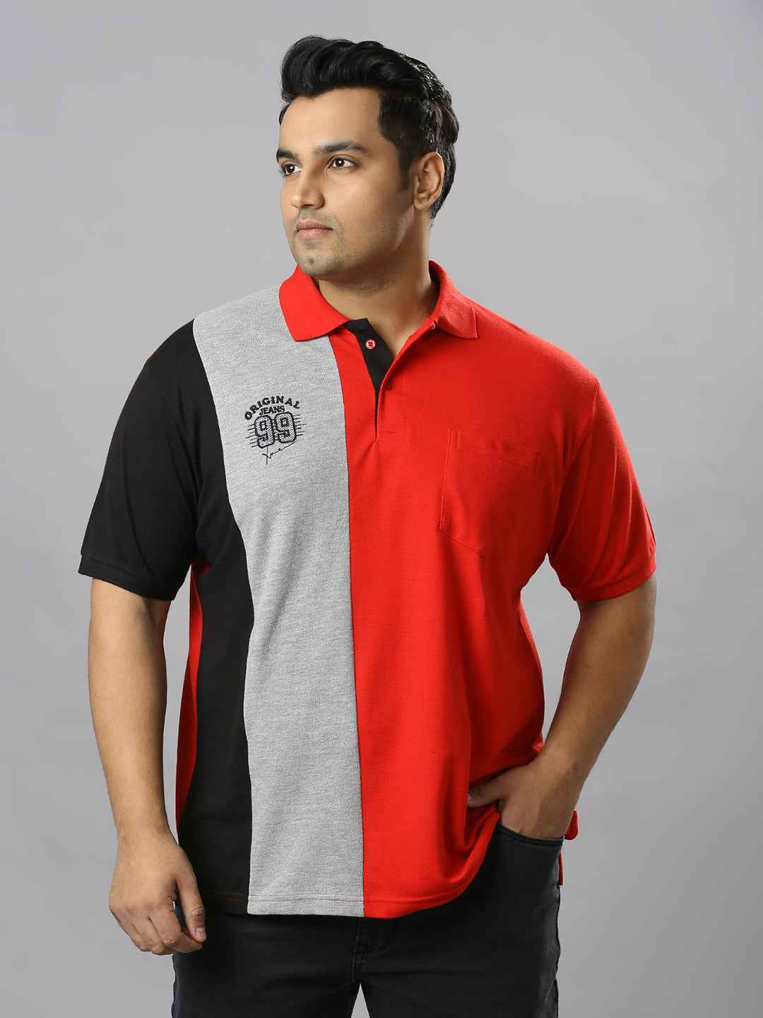 Men's Plus Size Cut & Sew Red and Grey T-shirt with Patch