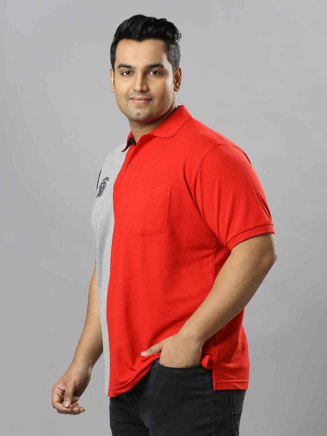 Men's Plus Size Cut & Sew Red and Grey T-shirt with Patch