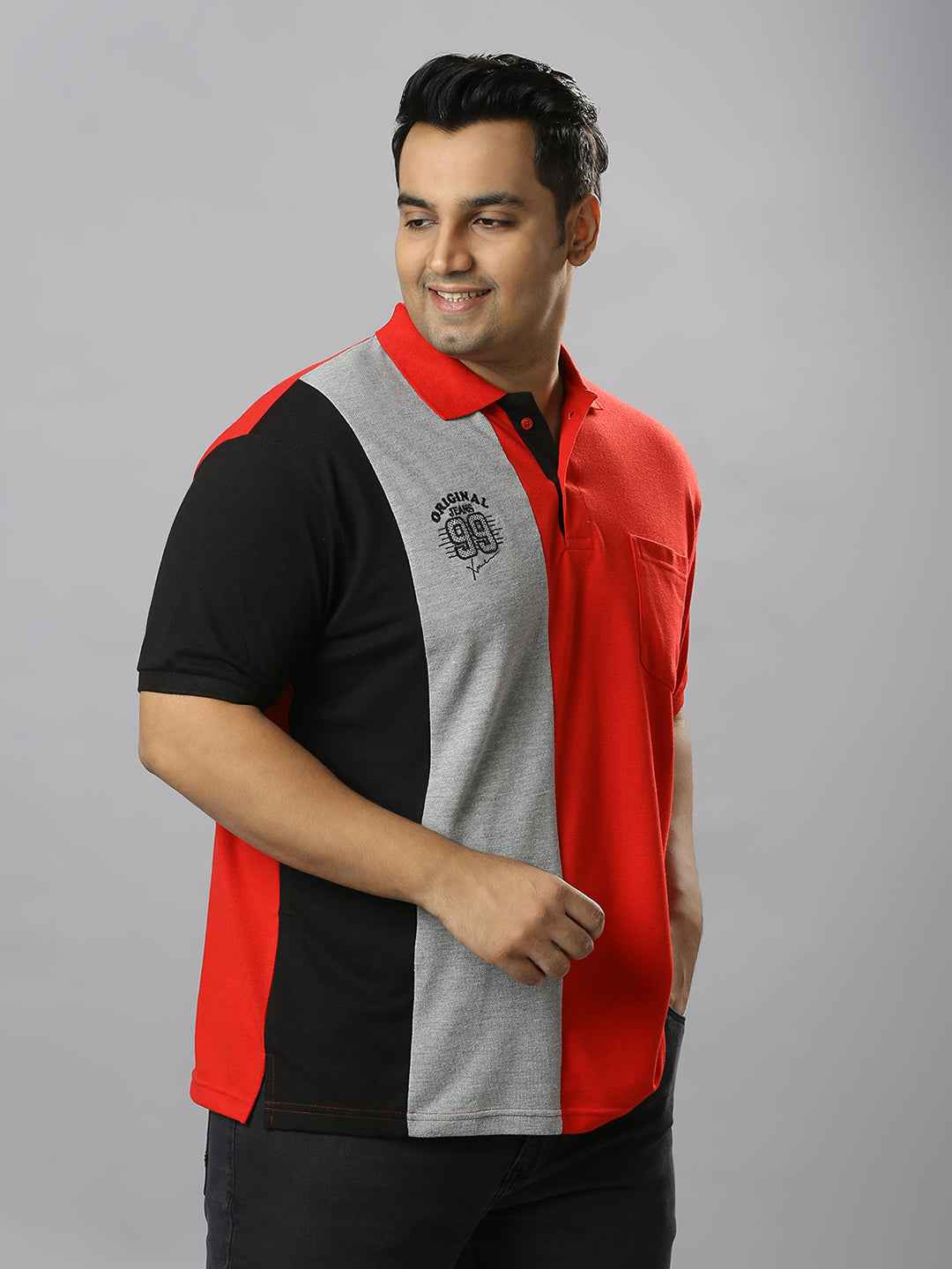 Men's Plus Size Cut & Sew Red and Grey T-shirt with Patch