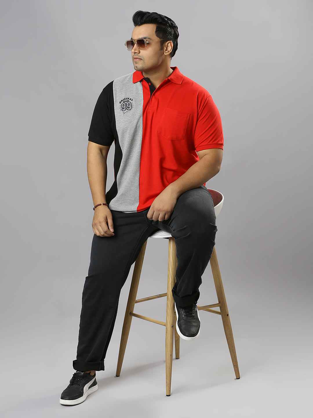 Men's Plus Size Cut & Sew Red and Grey T-shirt with Patch