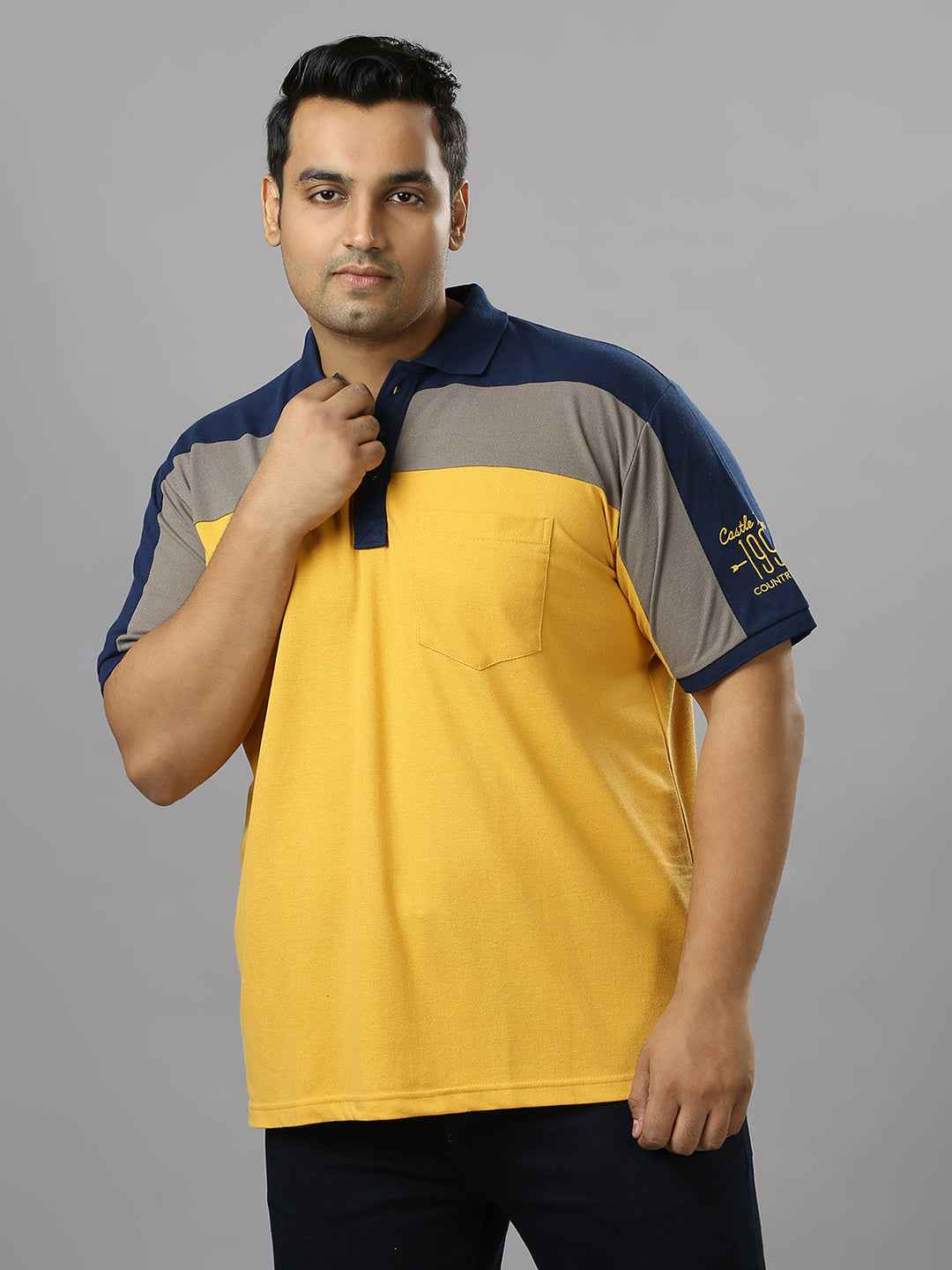 Men's Plus Size Cut & Sew Yellow T-shirt with sleeve Embroidery