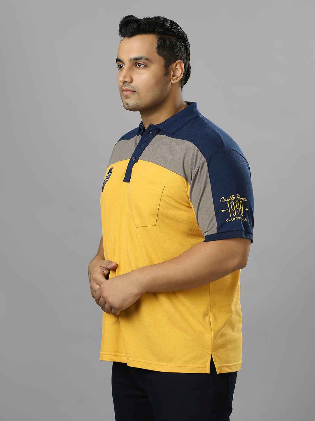 Men's Plus Size Cut & Sew Yellow T-shirt with sleeve Embroidery