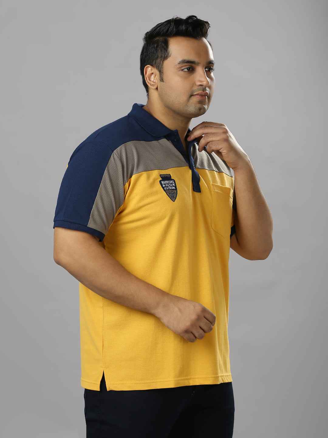 Men's Plus Size Cut & Sew Yellow T-shirt with sleeve Embroidery
