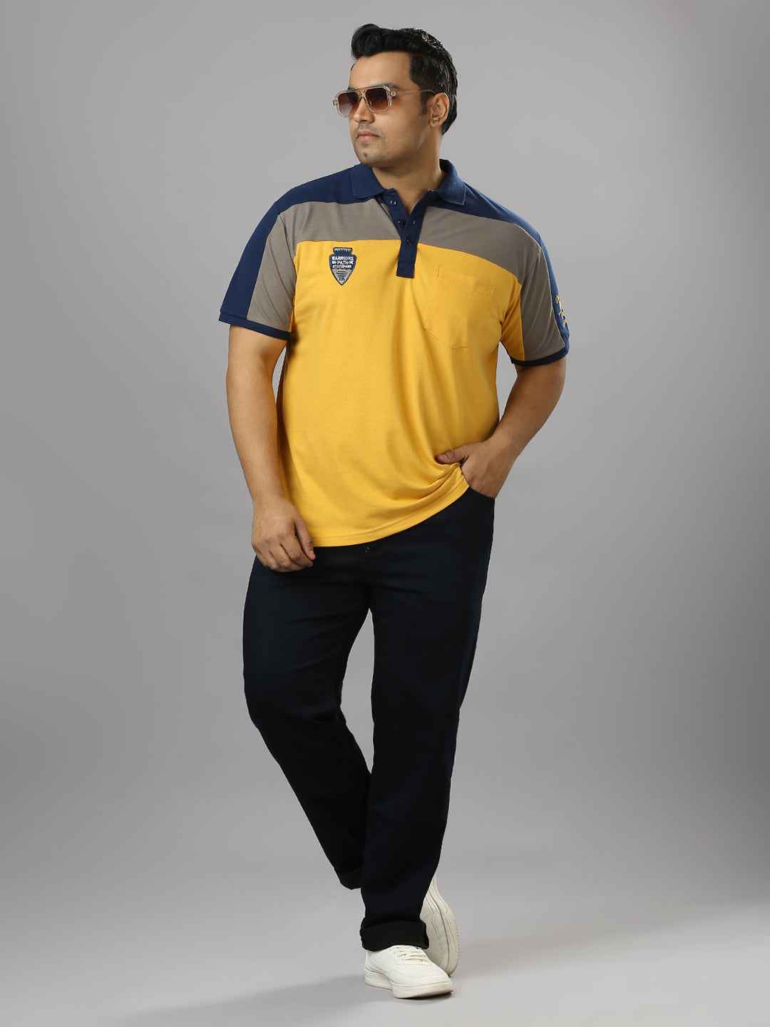 Men's Plus Size Cut & Sew Yellow T-shirt with sleeve Embroidery