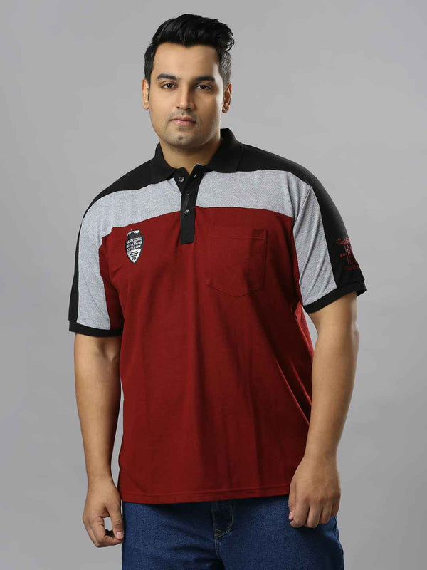 Men's Plus Size Cut & Sew Maroon T-shirt with sleeve Embroidery