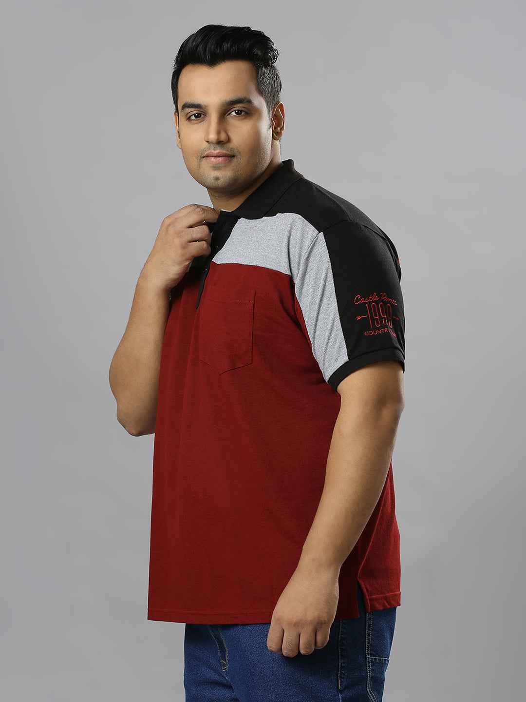 Men's Plus Size Cut & Sew Maroon T-shirt with sleeve Embroidery